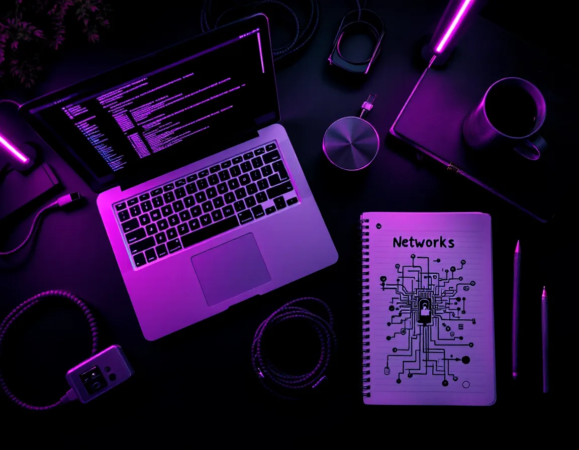 Overhead flat-lay of a security tester's desk: laptop terminal, hardware key, notebook with a network diagram